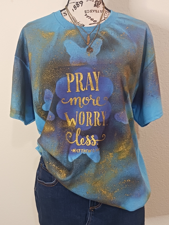Handmade Tops - Hand Painted Blue Pray More Worry Less / Graphic T Shirt Cotton Butterfly Top L